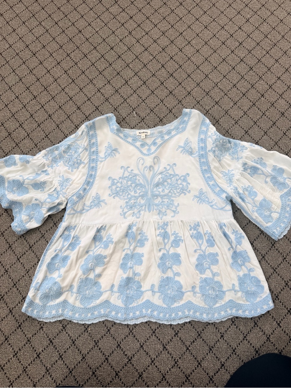 Embroidered White Blouse with Light Blue Floral Detail Peplum Blouse